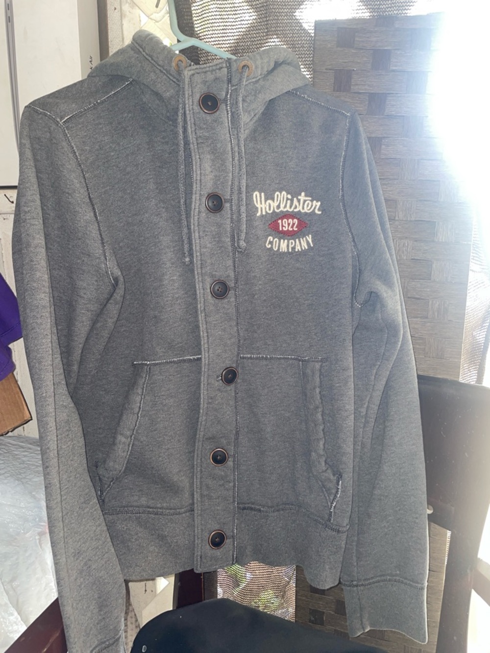 Hollister Gray Hooded Button Front Jacket with Logo